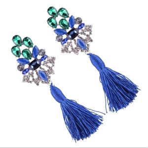 Blue Stunning Royalty Long Crystal Tassel Earrings